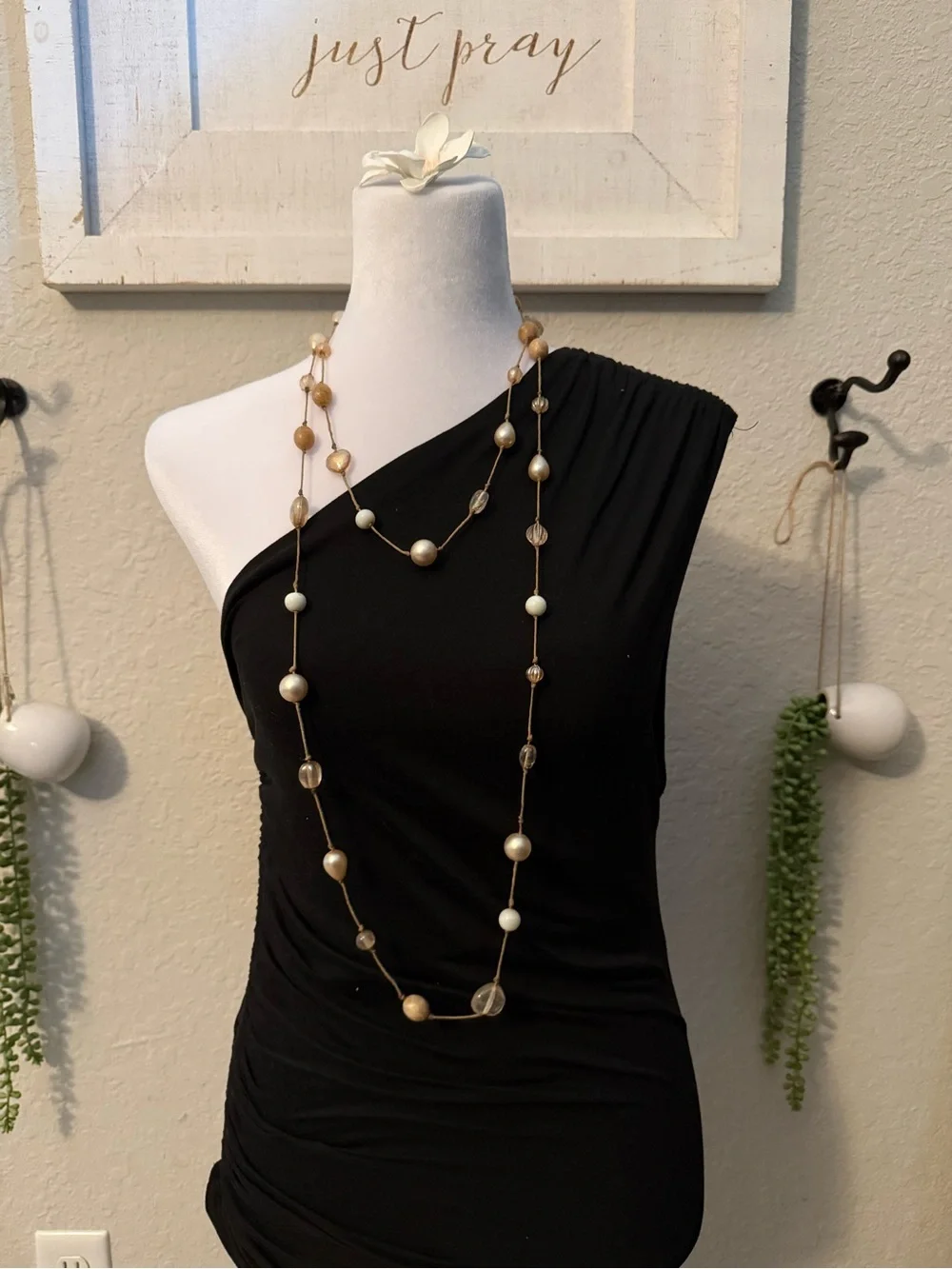 Elegant Long Pearl & Bead Necklace - Neutral Tones